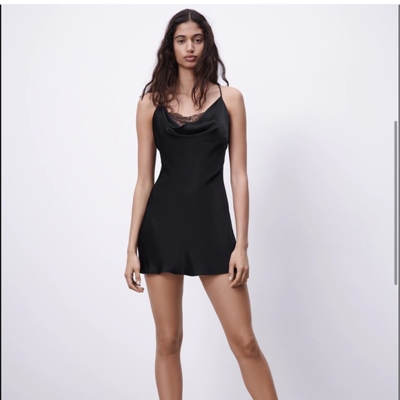Zara Satin Effect Lace Black Mini Dress - Picture 8 of 11